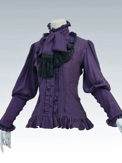 Costume historique à tournure victorienne - chemise violette + gilet à baleines noir + jupe + cravate en dentelle noire