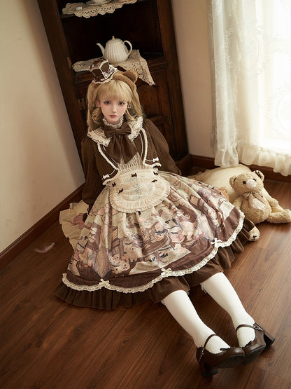 Print Lolita Two Teddy House Pieces Dress Coffee Design Long Green Sleeves Fake
