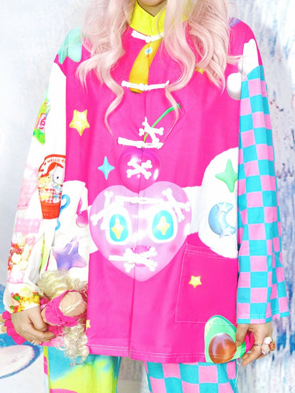 Print Star And 6 Checked Shirt Pattern Bone Heart Colorful Y2K
