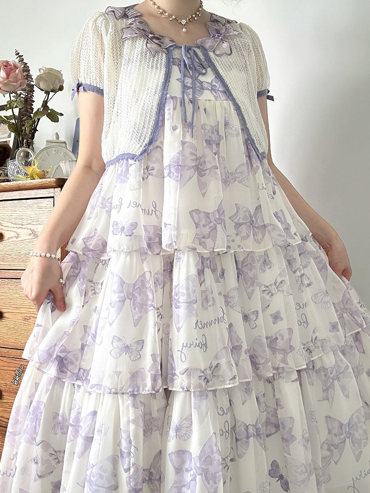 Purple Bowknot Applique Neckline Short Sleeves Top