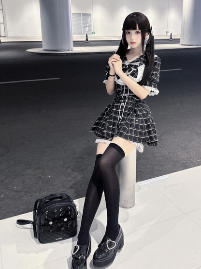 Mini Dress+Shorts Jirai Black Lace-up Plaid Set Embellished Details Kei Waist Rhinestones