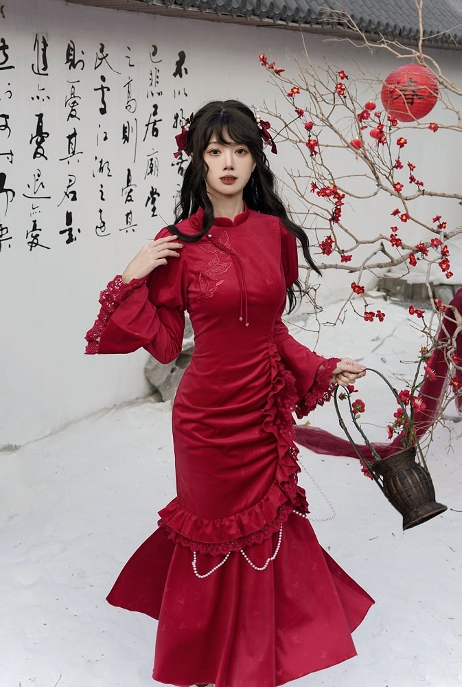 Red New Year Butterfly Mermaid Hem Qipao with Removable Bead Chain