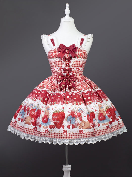 Spring Strawberry and Rabbit Bow Accents Rabbit Ears Design Wine Red Lolita Jumper Skirt