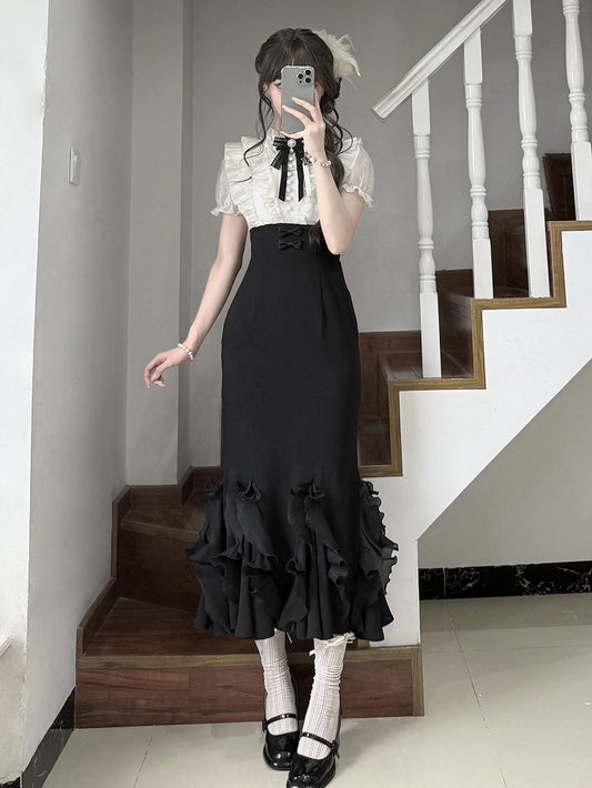 Two Fake Dress Skirt Design Waist Pieces Mermaid Boned and Black Lolita Blouse Beige Elegant