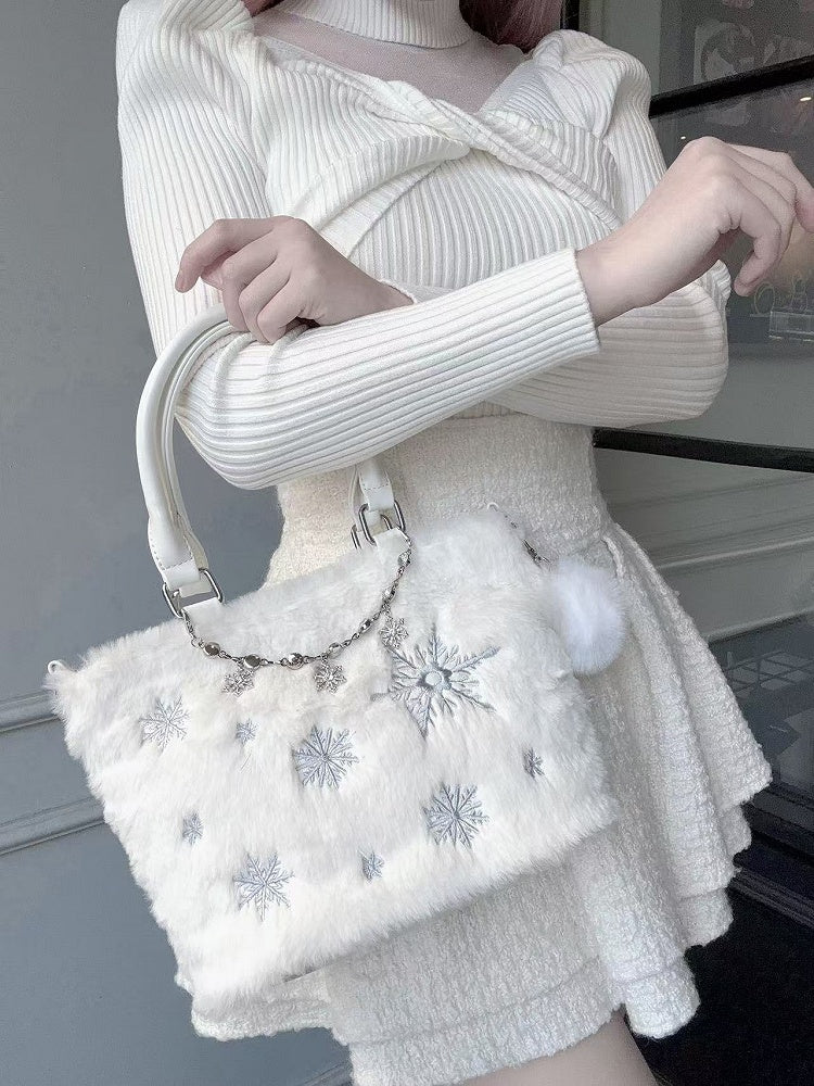 / Rhinestone Chain with Blue Tote Bag Light Beaded Chain Snowflake Embroidery Plush