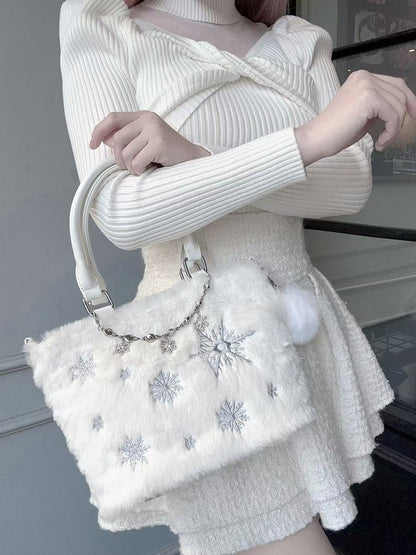 / Rhinestone Chain with Blue Tote Bag Light Beaded Chain Snowflake Embroidery Plush