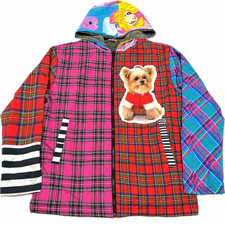 Weihnachts-Y2K-Farbenfrohe Oversize-Kapuzenjacke mit Fleecefutter, Karomuster und Welpen-Print