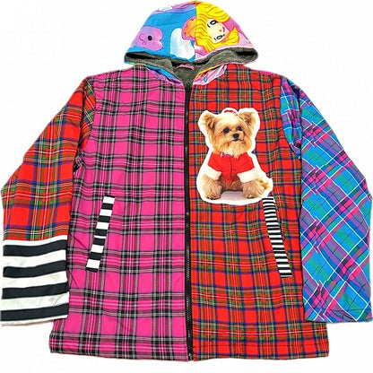 Weihnachts-Y2K-Farbenfrohe Oversize-Kapuzenjacke mit Fleecefutter, Karomuster und Welpen-Print