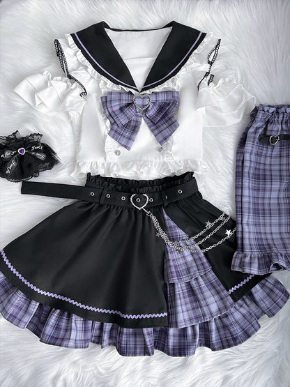 Black Set-Sailor Kei Purple Top+Purple Short And Plaid Collar Skirt Sleeves Full Shoulder Jirai Cutout