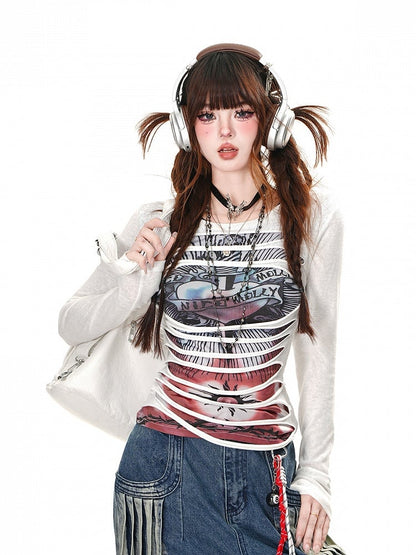 Black/White Round Neck Punk Glamorous Graphic Top