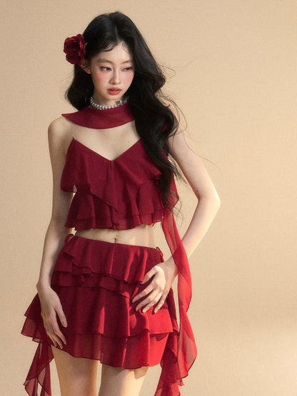 Scarf Red Chiffon V-Neck with Tiered Free Ruffles Cropped Cami Top