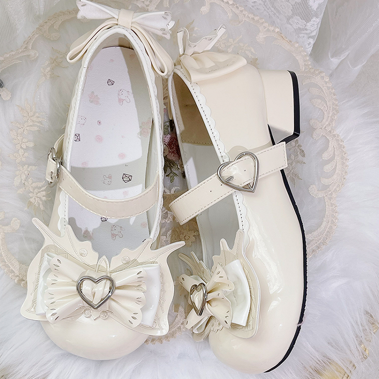 Sweet Lolita Apricot Bowknot Heart Buckle Strap Block Heel Mary Janes