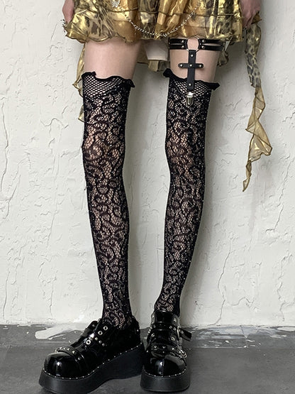 Overknee Y2K Stockings Black Hollow-out Vine