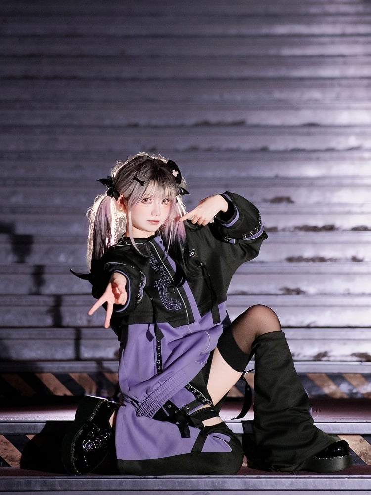 Cyberpunk-Style and Purple Colorblock Black - Techwear Jirai Design Warmers Kei Leg