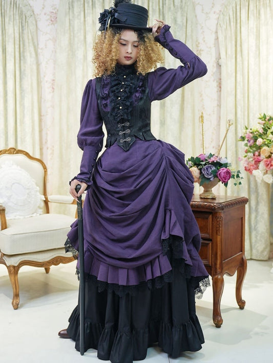 Purple Shirt Black Boned Waistcoat Skirt Set