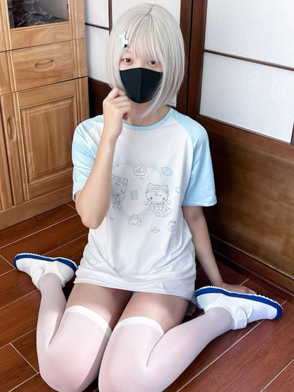 Kaiwai Print Round Kitty T-shirt Tenshi WhiteBlue Neck