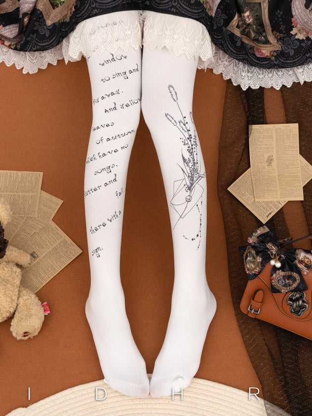 White Black Envelope and Floral Elegant Classic Lolita  Tights