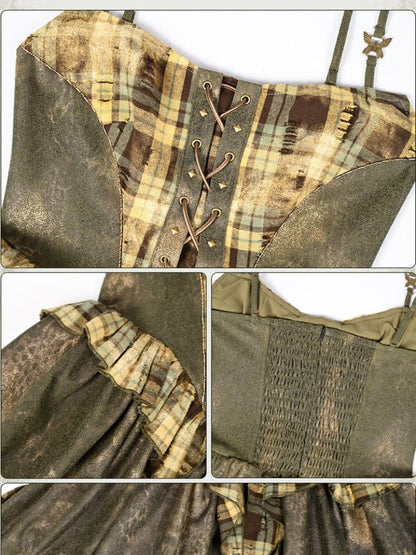 Robe camisole à carreaux verts avec ourlet mouchoir et détails lacés sur le devant