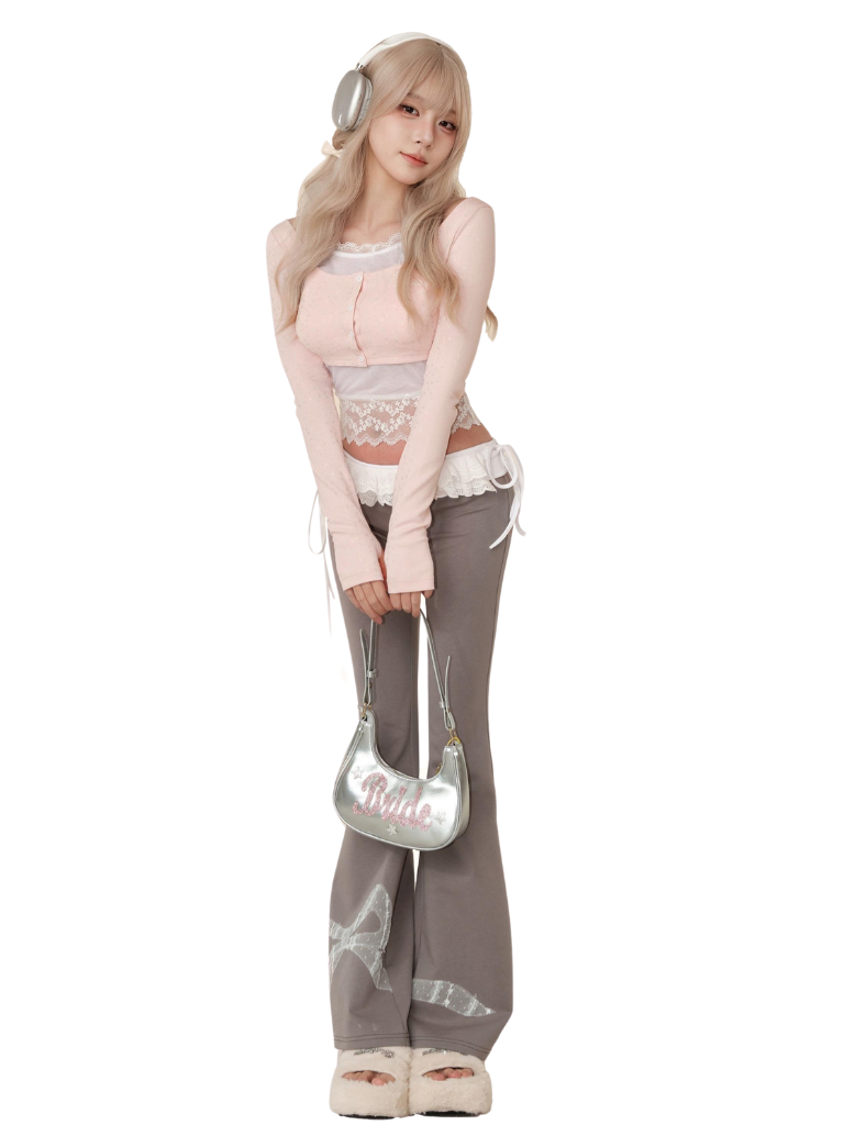 Slim Camisole Top Lace Casual Ribbon Pants