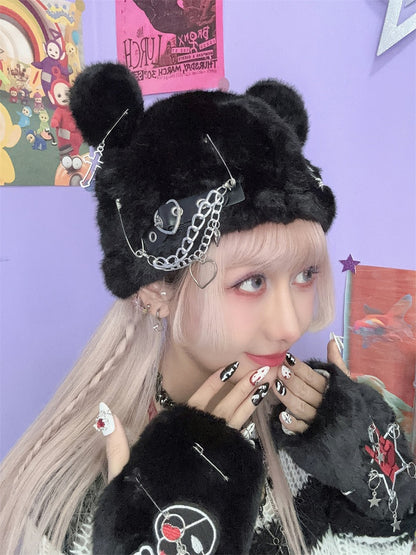 Black Skeleton Rhinestone Bear Ears Design Hat