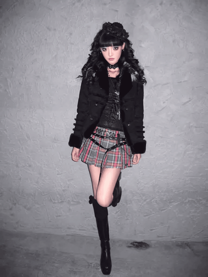 Y2K Black Plush Trim Gold-tone Buttons Suede Coat