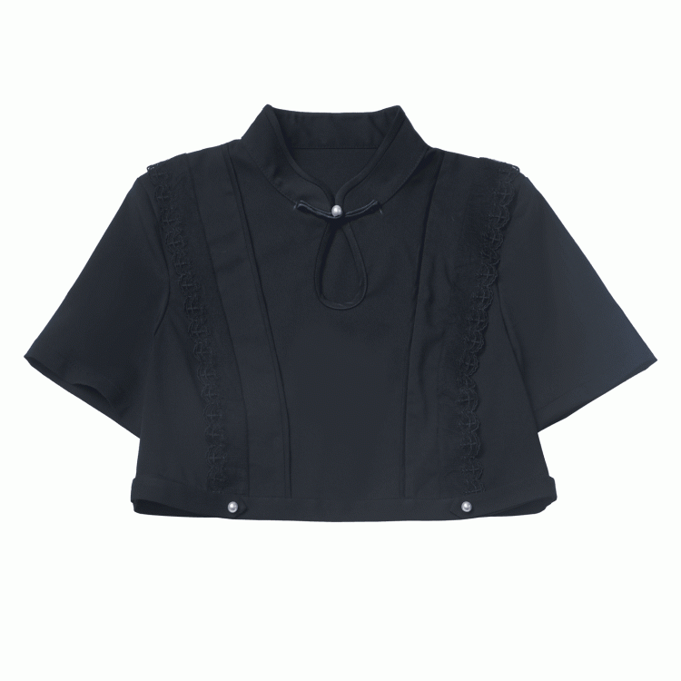 Black Cheongsam Collar Bead Details Short Sleeves Top