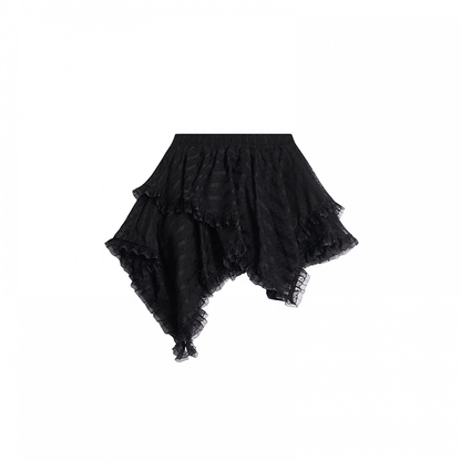 Black Handkerchief Hem Tiered Lace Skirt