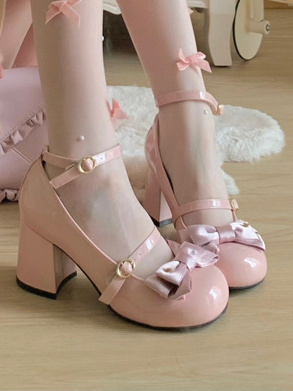 High PU Janes Mary Bow Lolita Elegant Pink Heel Block Heart-Adorned -