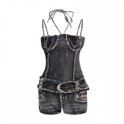 Belt Denim Bodycon Jumpsuit Black Distressed Design Buckle Y2K with