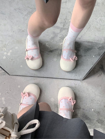 Schuhe Schleife Schnalle Kreis Lolita Beige Flach Rosa mit Spitze Rund Abnehmbar Süß