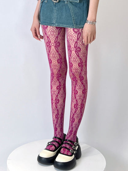 Red Rose Design Floral Hollow-out Tights Pattern