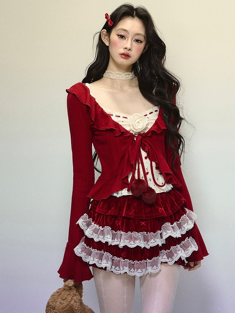 Red V-neck Self-tie Straps Cropped Cardigan Ruffle Trim