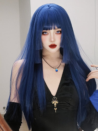 Blue Hime Cut Long Straight Synthetic Wig