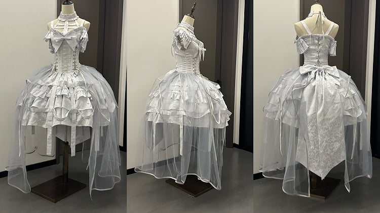 with Lace-ups Ovarlay Gothic Corset Dress Design Detachable and Skirt Silver Bow Lolita Big Birdcage Waist