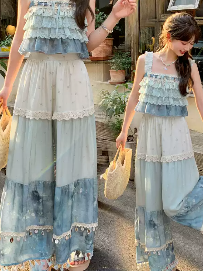 Tassel Hem Shell Charm Wide-Leg Holiday Pants Blue Colorblock Design