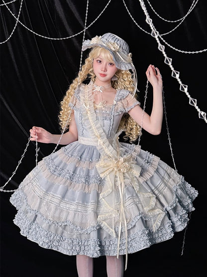 Elegante Verzierungen Plissee Rüschen Klassisches Lolita Kleid Blau Details und