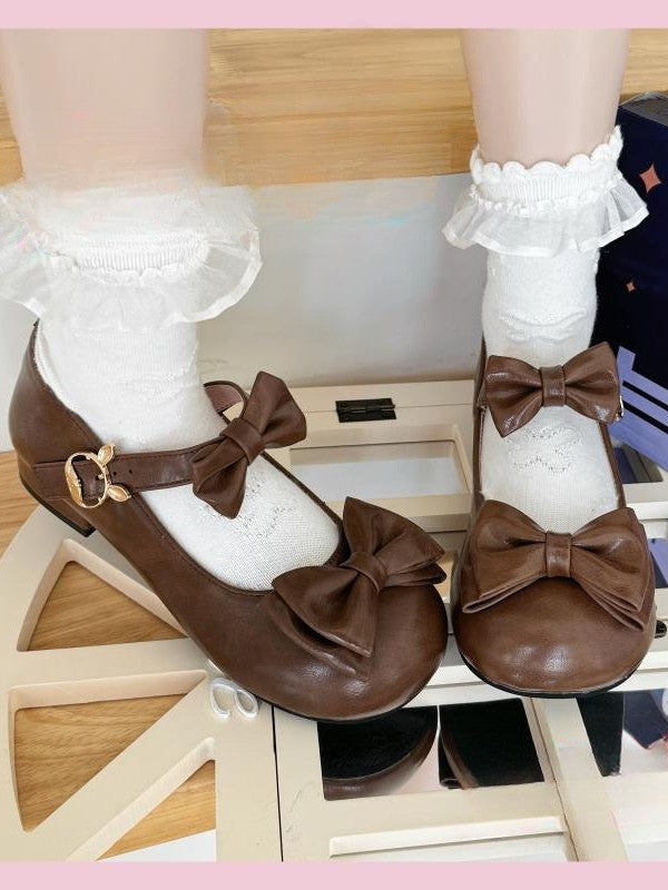 Toe Bunny-shaped Clasp Bow and Embellishment Round Low-heel Brown