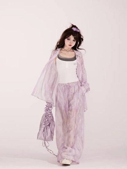 Light Waist Wide-leg Casual Loose Shirt / Pants Purple Drawstring