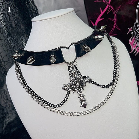 Cross Rosette/Hollow-out Black Pendant 2 Decorated Studs And Options Choker Silver