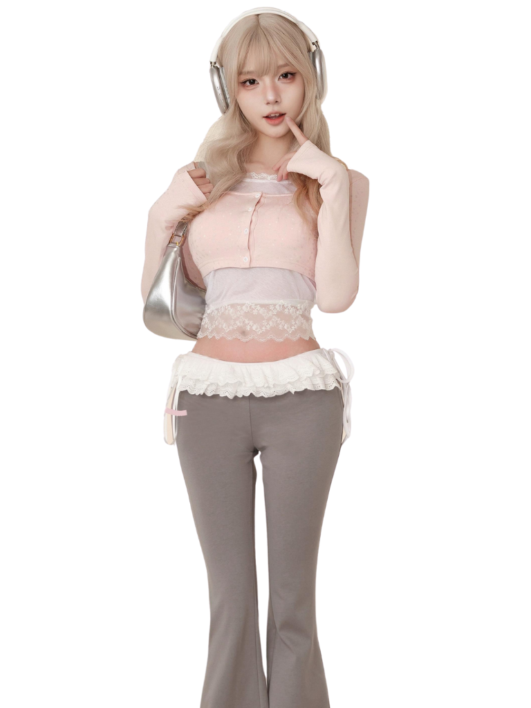 Slim Camisole Top Lace Casual Ribbon Pants