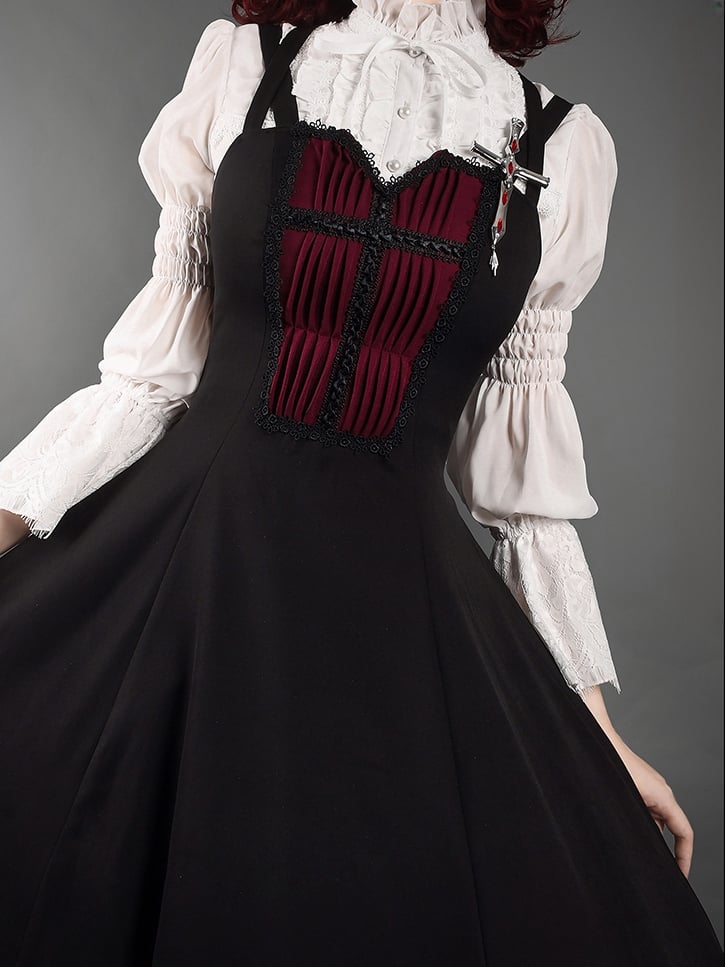 Red Pleated Bodice Black Gothic Lolita Jumper Skirt
