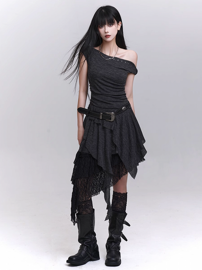 Buckle Studded Asymmetrical Neckline Cascading Ruffles Belt with Dress
