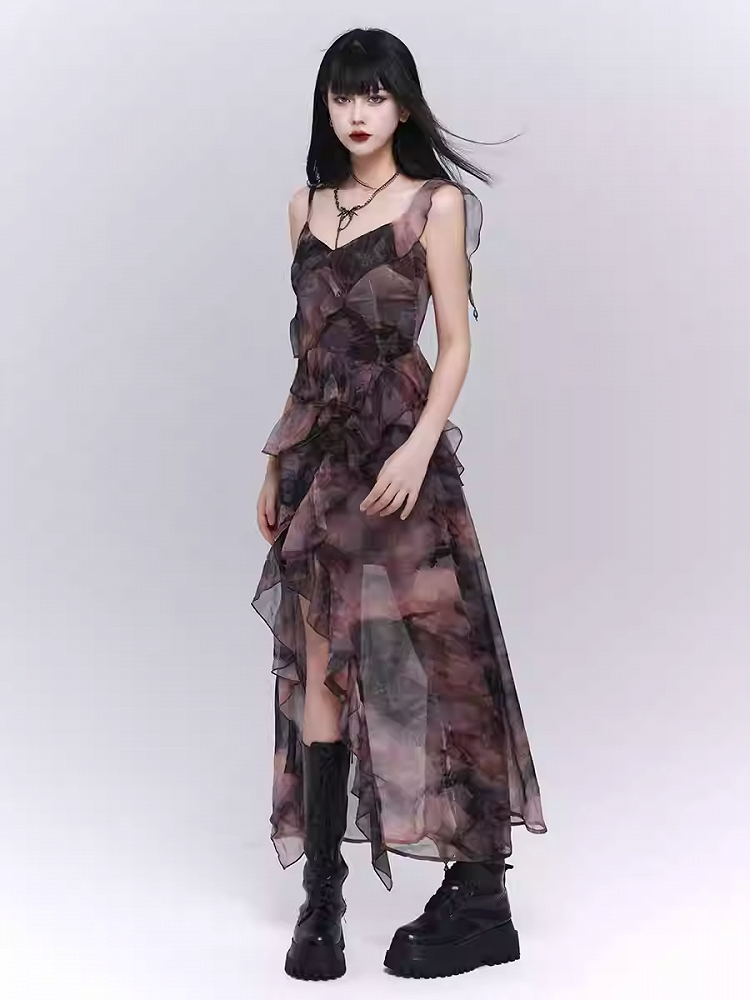 Robe nuisette asymétrique à volants et imprimé papillon violet/gris foncé