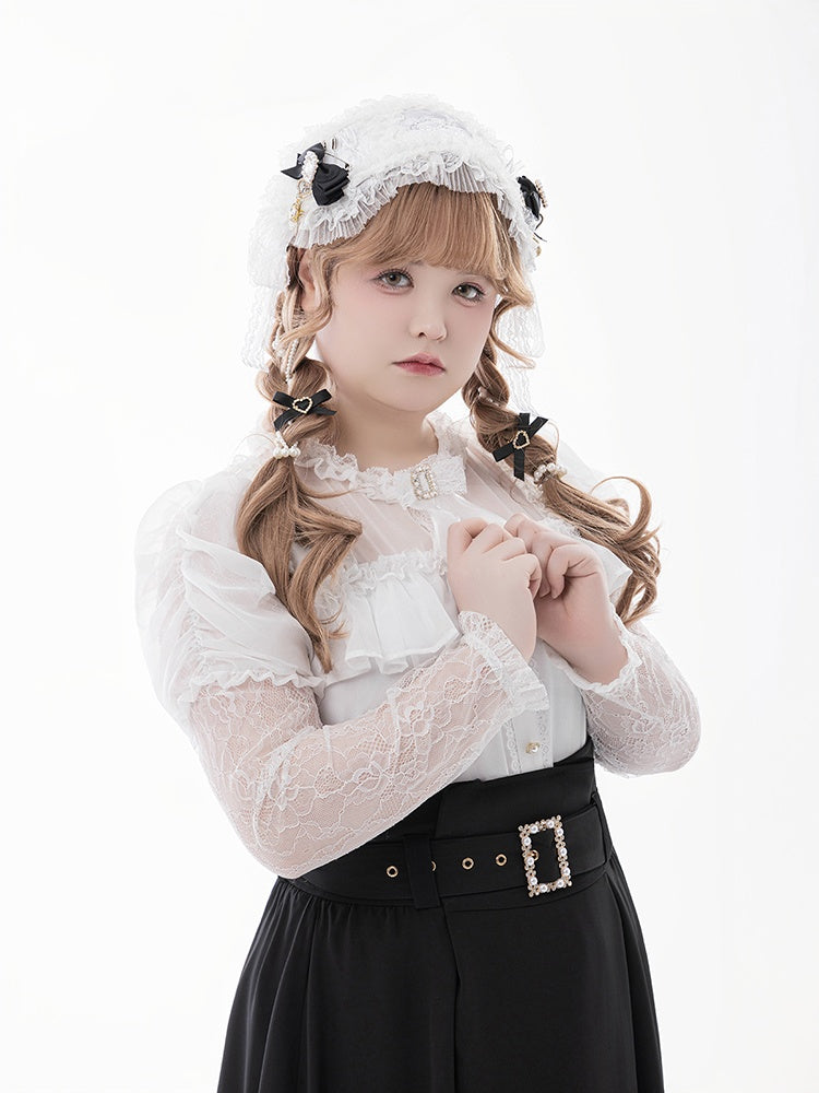 Blouse+Bow Tie White Illusion Neckline Juliette Sleeves Jirai Kei Lace