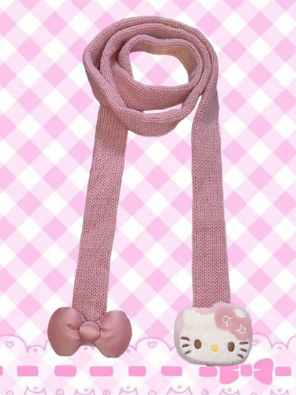 Red/Pink Y2K Kitty Design Knitted Scarf