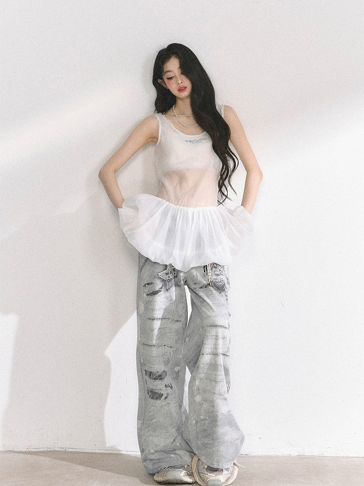 Light Gray Low Rise Chain Print Distressed Wide-leg Jeans