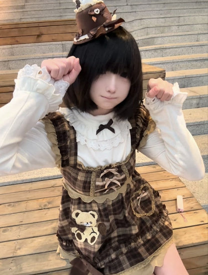 Sleeves Kawaii Soft Brown Plaid Dress Flutter with