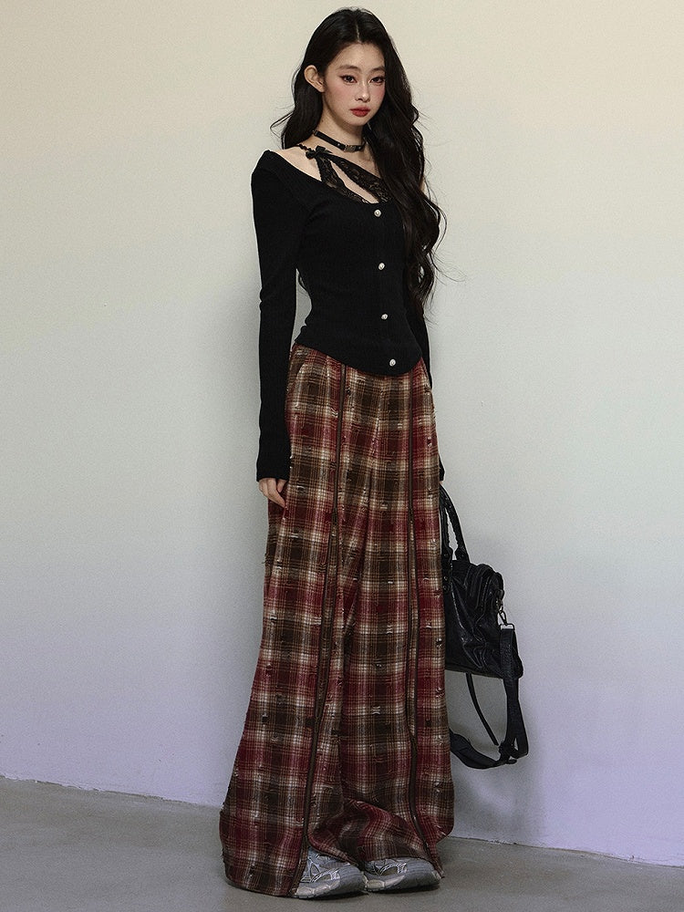 Red Zipper Straight Leg Cut Plaid Pants