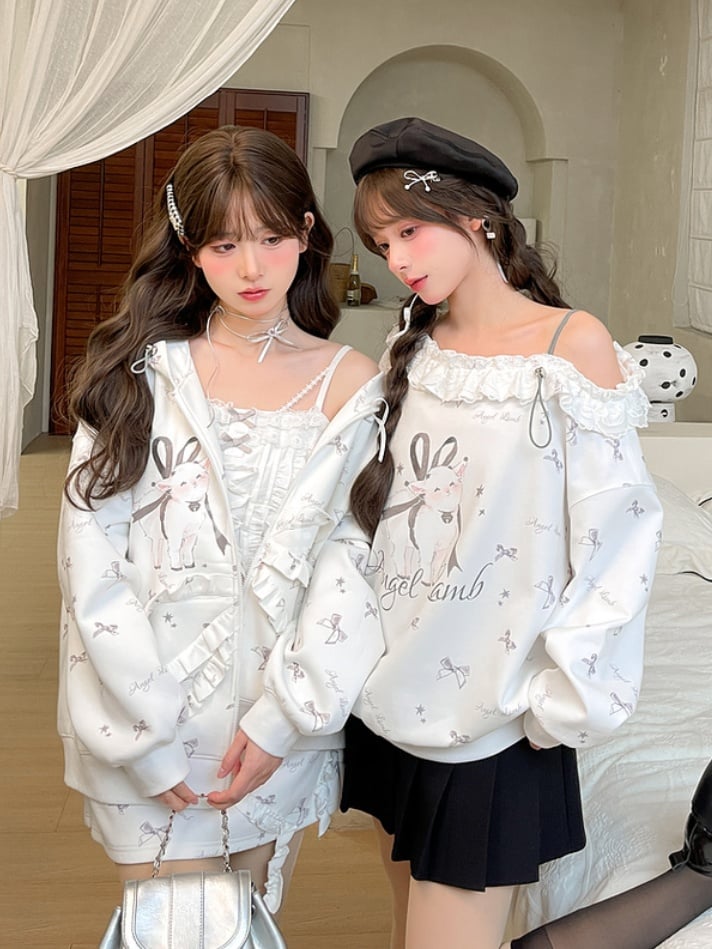 Ruffled Asymmetrical Lamb and Bow Print White Neckline Sweatshirt