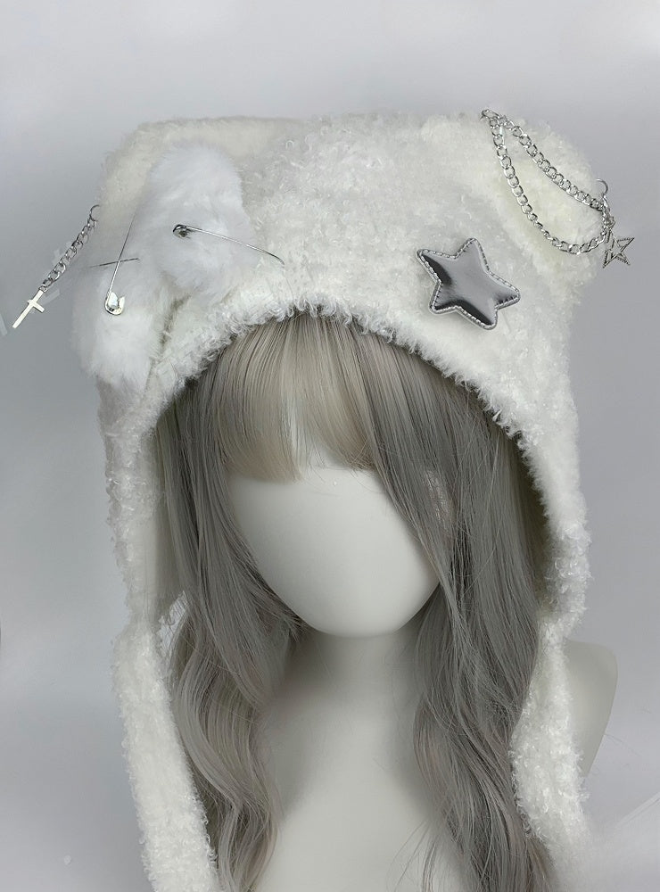 Chapeau en peluche avec oreilles d'ours et ailes croisées noires et blanches